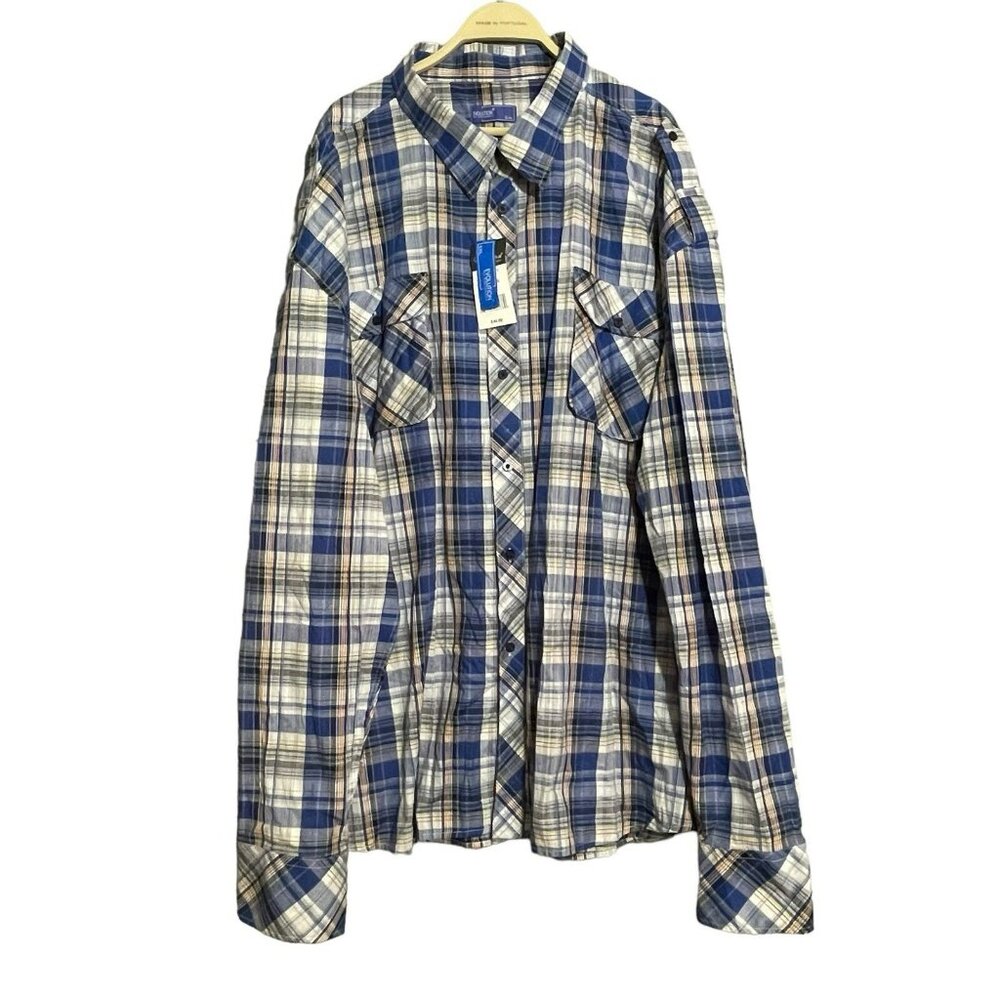 Evolution Western Shirt Men Size 5XL Button Blue Plaid Pocket Cowboy Casual Work